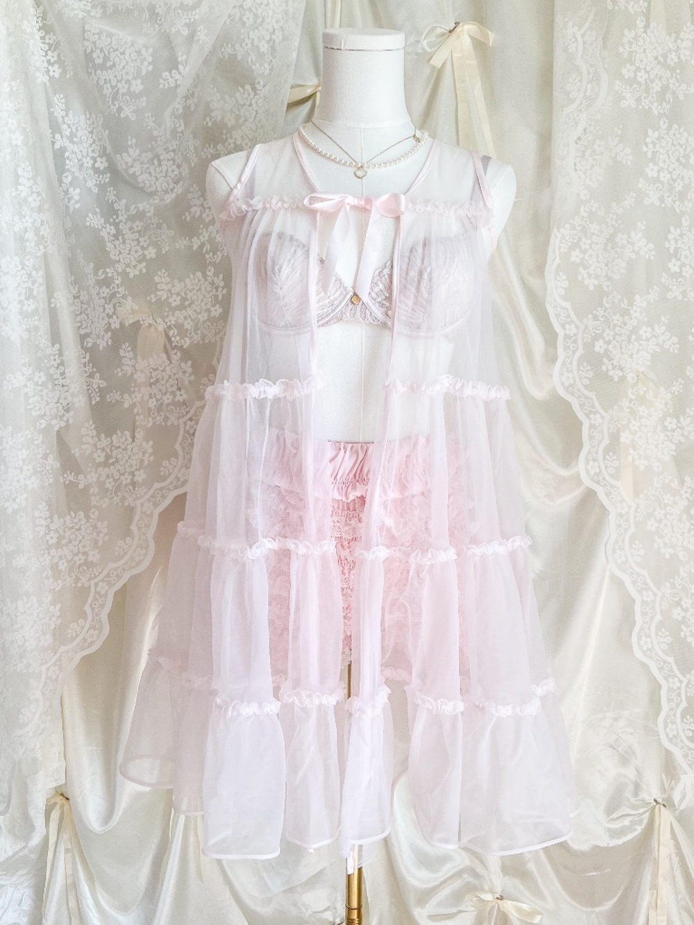Vintage Laura Dare Sheer Pink Ruffle Peignoir Duster Robe